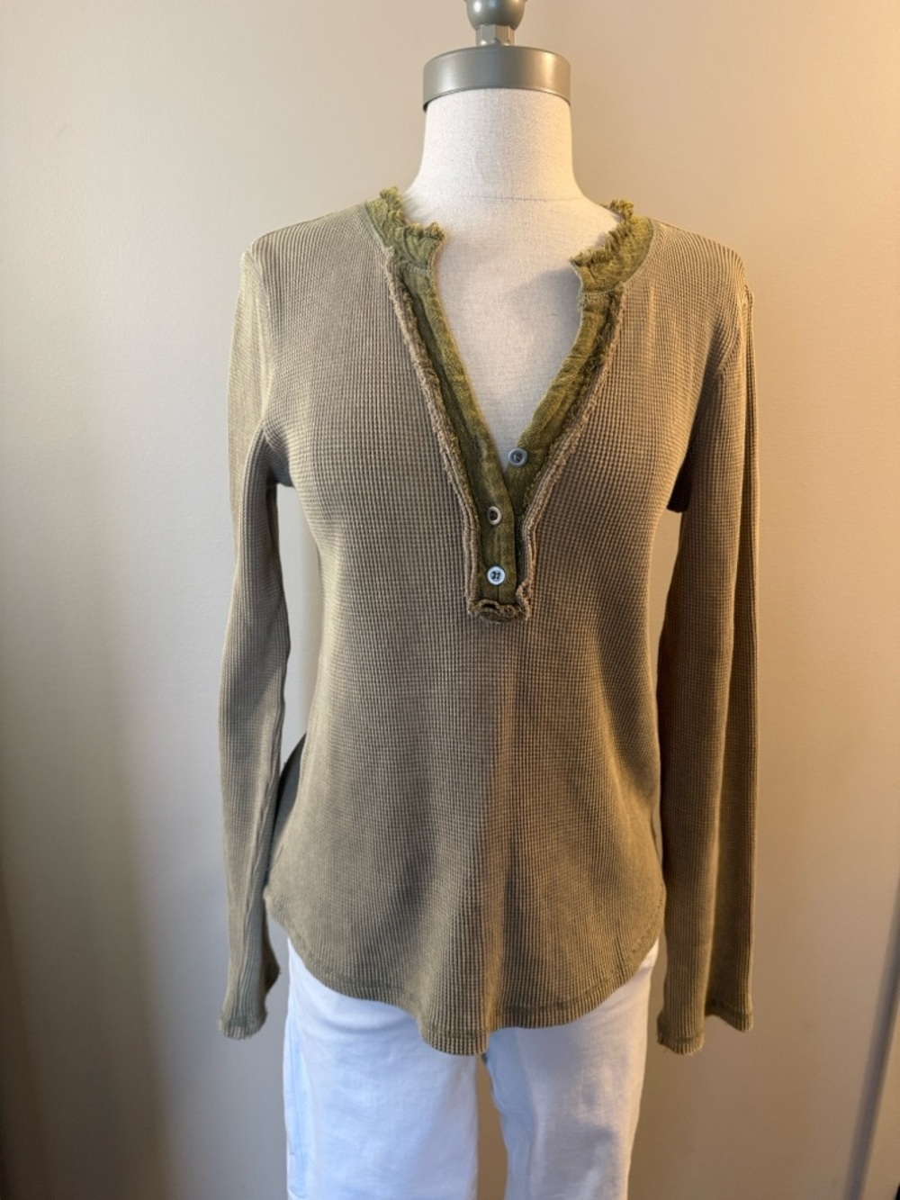 Hem & Thread Olive Waffle Knit Henley with Frayed Trim